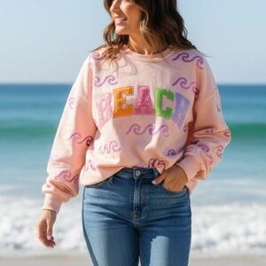 Queen Of Sparkles Peach Wave Beach Sweatshirt Oversized Crew Neck Sequin Sz M